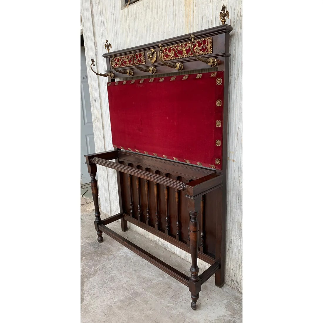 19th Large Carved Spanish Solid Walnut Coat Rack Stand with Red Velvet Back - 2