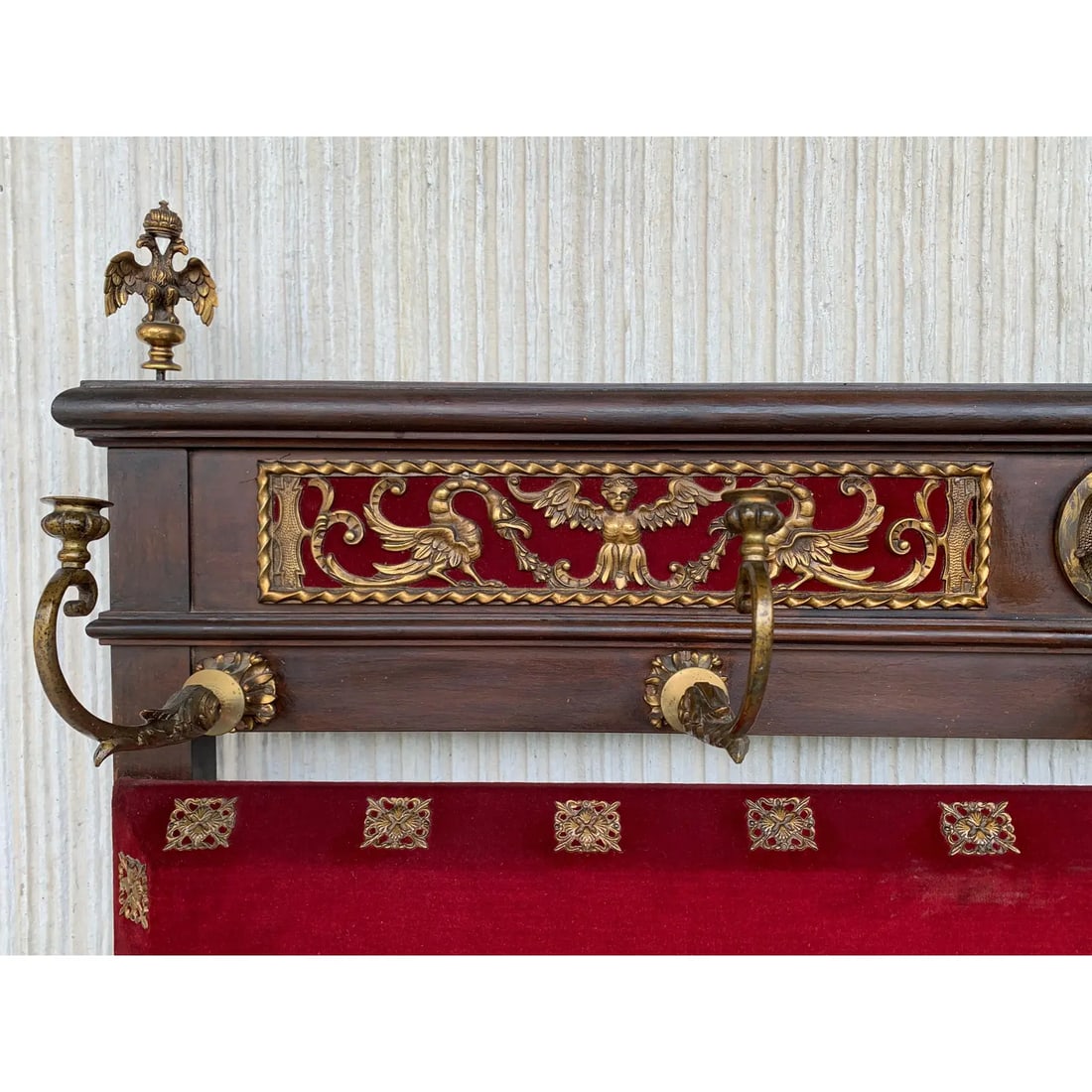 19th Large Carved Spanish Solid Walnut Coat Rack Stand with Red Velvet Back - 3