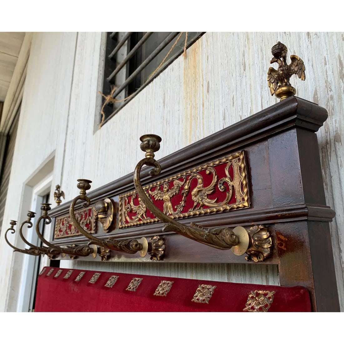 19th Large Carved Spanish Solid Walnut Coat Rack Stand with Red Velvet Back - 5