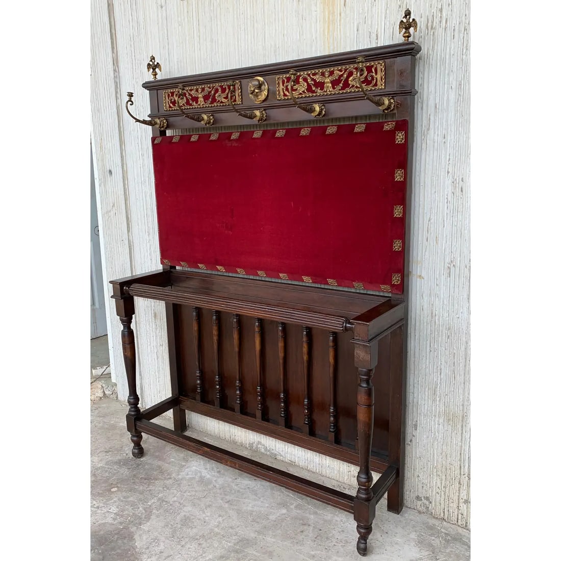 19th Large Carved Spanish Solid Walnut Coat Rack Stand with Red Velvet Back - 6