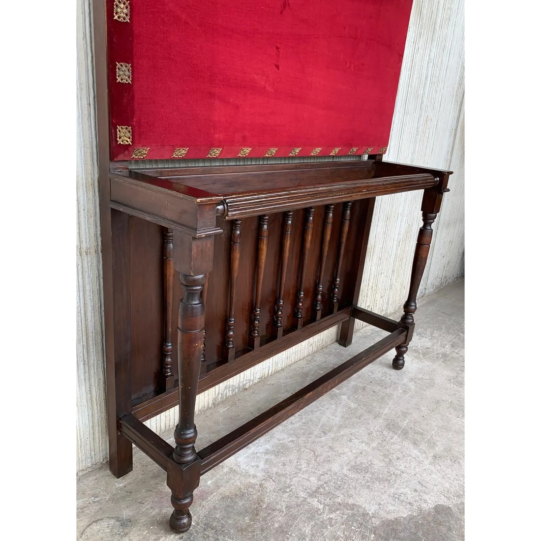 19th Large Carved Spanish Solid Walnut Coat Rack Stand with Red Velvet Back - 7