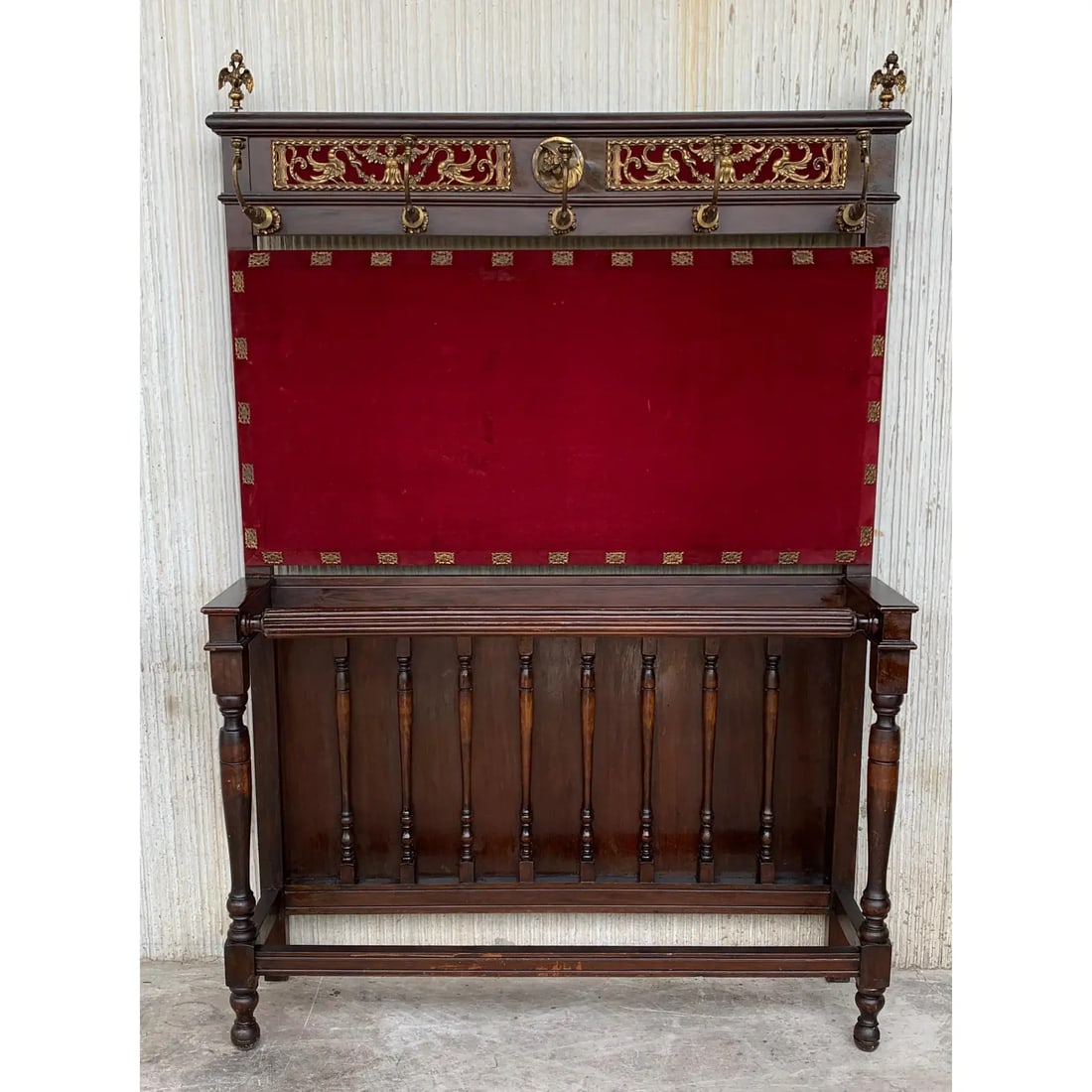 19th Large Carved Spanish Solid Walnut Coat Rack Stand with Red Velvet Back - 8