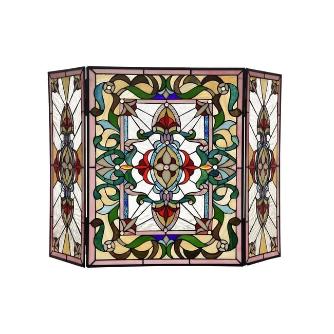 44" Folding Stained Glass Fireplace Screen: 44" Wide x 28" TallA stunning reproduction stained glass fireplace panel meticulously handcrafted from pieces of hand cut stained art glass. Each individual piece of stained glass is meticulously line