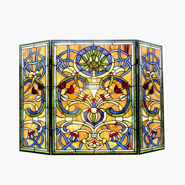 Tiffany Style Stained Glass Fireplace Screen Victorian 3-Panel Folding 40": Dimensions: approx. 40" wide x 28" highConstruction: stained glass panels with metal frameDesign: Victorian / Tiffany styleUse: decorative fireplace screen, interior decor, stained glass displayTiffan