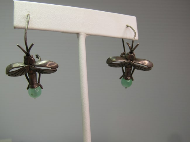 Vintage Sterling Firefly/Bug Earrings, Green Bead, Signed S.G., 1960's, Pierced: Vintage Sterling Firefly/Bug Earrings, Green Bead, Signed S.G., Pierced. This is signed sterling S.G. which is believed to be Navajo silversmith Steeve Grant. It has the look of an older peice - perha