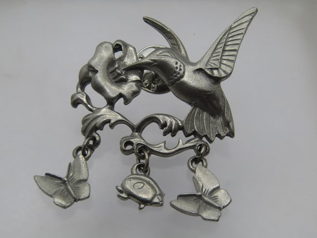 Vintage Hummingbird Floral, Butterfly & Ladybug Lapel/Tack Pin, Signed LCD, Pewter, 1980's-1990's: Vintage Hummingbird Floral, Butterfly & Ladybug Lapel/Tack Pin, Signed LCD, Pewter, 1980's-1990's. Pewter and appx. 2" tall and 1.25" wide. The hummingbird is getting a meal from a lily blossom and da