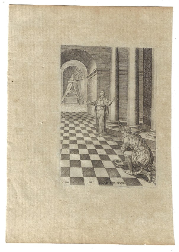 1660 Bible Engraving Pharisee and the Publican: Title: 1660 Bible Engraving Pharisee and the PublicanDescription: An engraving depicting a biblical scene from the book of Luke showing the Pharisee and the Publican.after Abraham de Bruyn, circa 1660