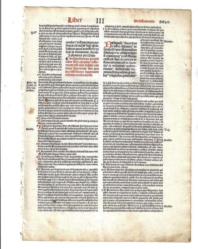 1501 Leaf Large Red and Black Canterbury Laws: Title: 1501 Leaf Large Red and Black Canterbury LawsDescription: A leaf from "Provinciale Seu Constitutiones Anglie", by William Lyndewood, printed at Paris by Andre Bocard in 1501. In red and black ,