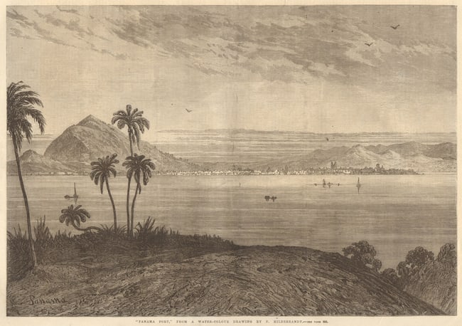 Panama Port from a water-colour by E. Hildebrandt. Panama City 1868 print: Title: "Panama Port" from a water-colour by E. Hildebrandt. Panama City 1868 printDescription: "Panama Port" from a water-colour drawing by E. Hildebrandt' by Illustrated London News. Published 26 Sep