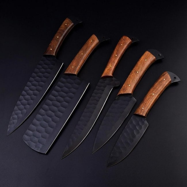 Handmade Hammered D2 Steel Chef Knife Set - 5 Piece Full Tang Kitchen Knives: Title:Handmade Hammered D2 Steel Chef Knife Set - 5 Piece Full Tang Kitchen KnivesDescription:This is a handmade 5-piece chef knife set crafted from D2 steel. The blades feature a distinctive hammered