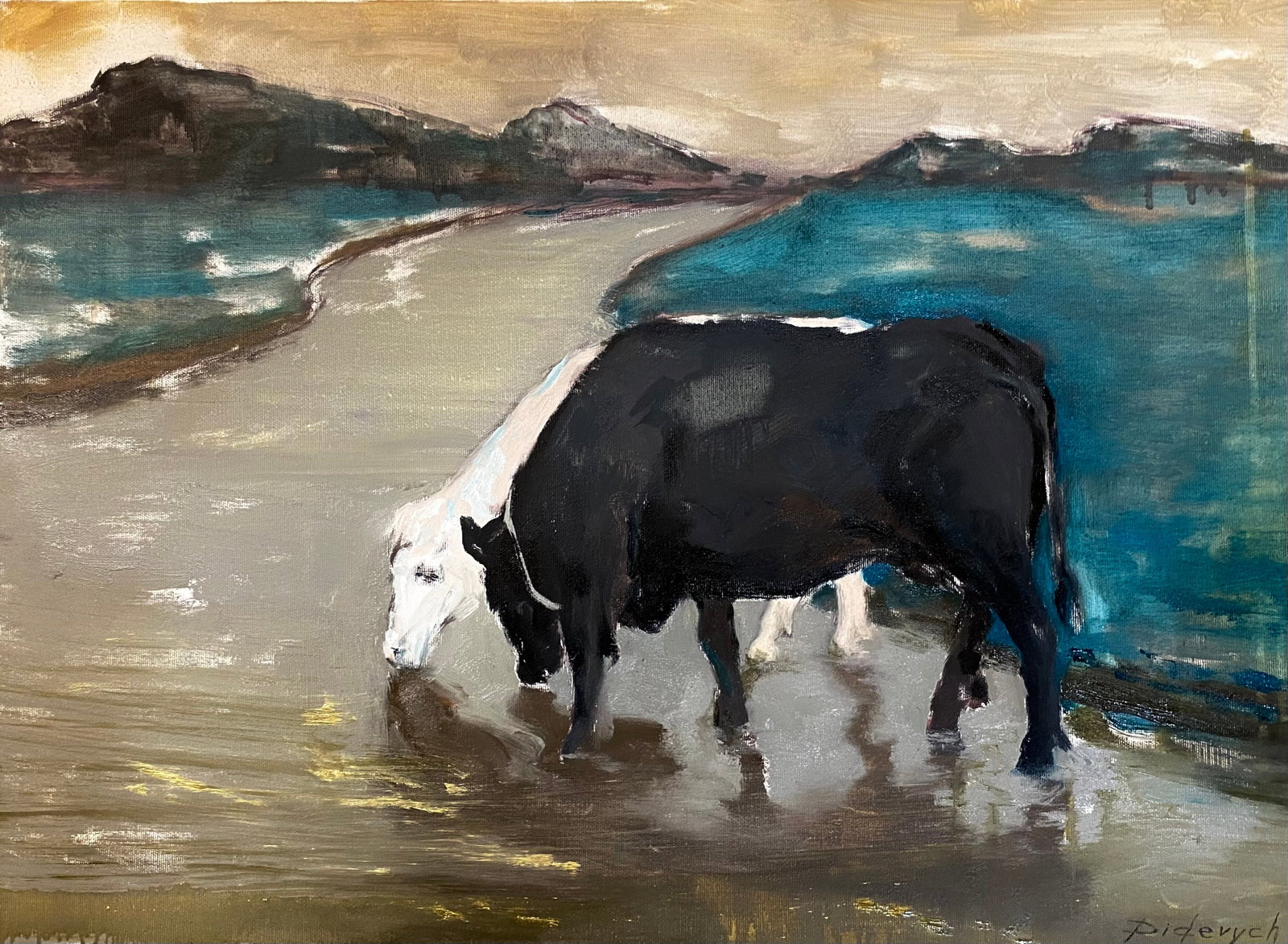 Oil painting Landscape Cow Yulia D.: Title: Oil painting Landscape Cow Yulia D. Description: 43YD Painter: Yulia D. S?ze: 70x50 cm/27.55x19.68 inches Components: oil, canvas Original painting from our collection ERA: 2025Yulia Didevich,