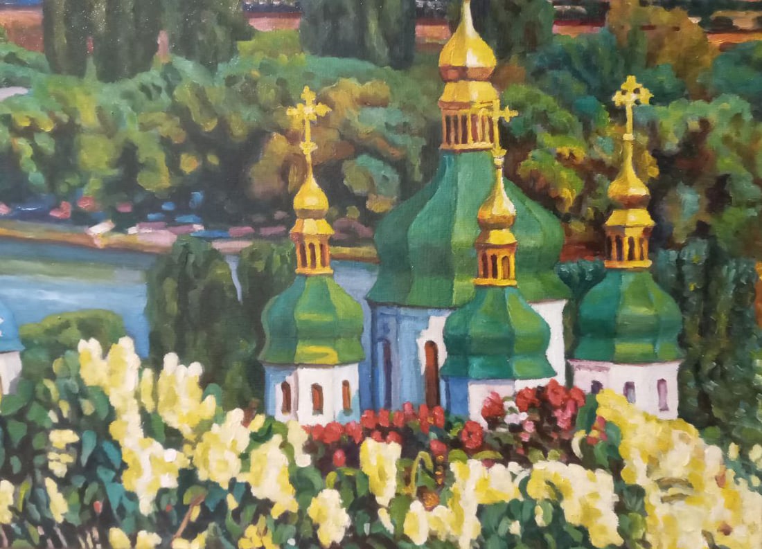 Oil painting ?. Kyiv. View of the Dnipro River and Vydubytskyi Monastery Valerii B - 4