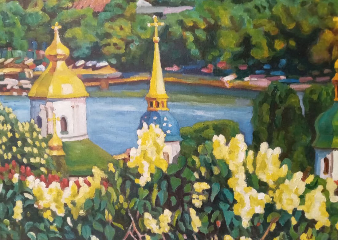 Oil painting ?. Kyiv. View of the Dnipro River and Vydubytskyi Monastery Valerii B - 5