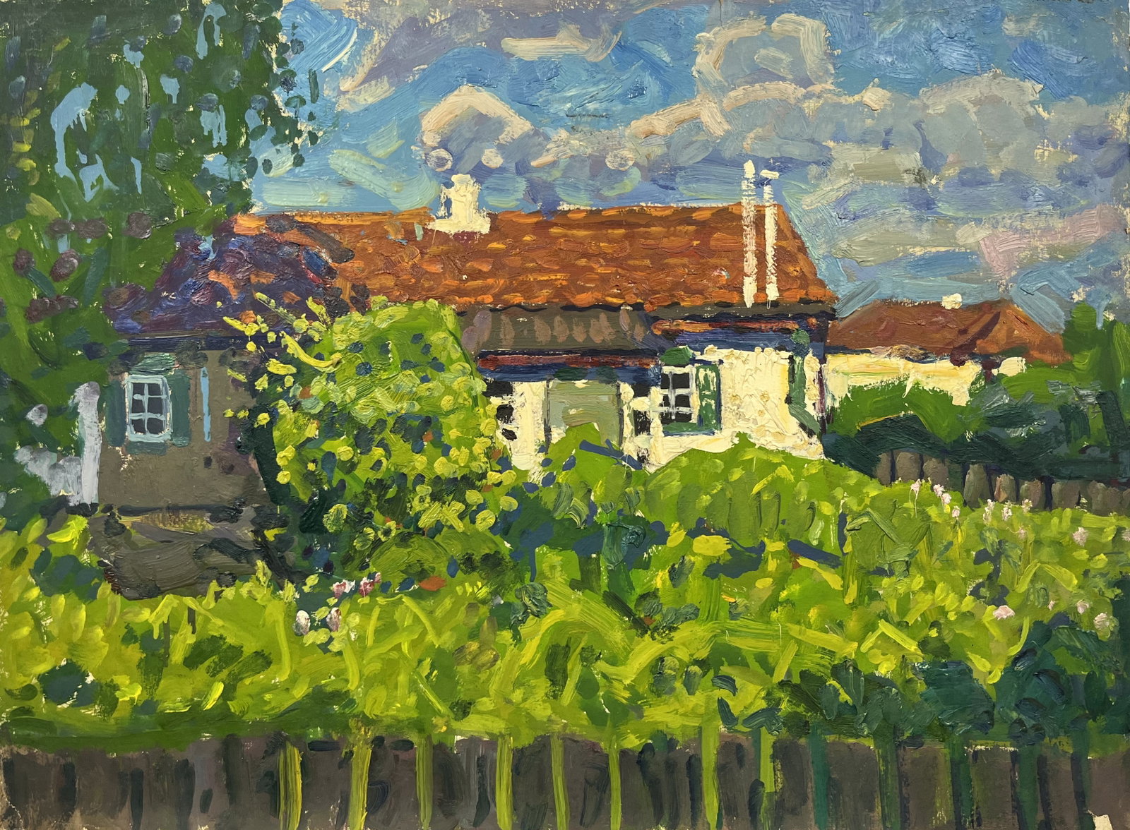 Oil painting Summer yard Kolosovsky G.: Title: Oil painting Summer yard Kolosovsky G. Description: 02Duk Painter: Kolosovsky G. S?ze: 51x69 cm/20,08x27,16 inches Components: oil, cardboard Original painting from our collection ERA: Short in