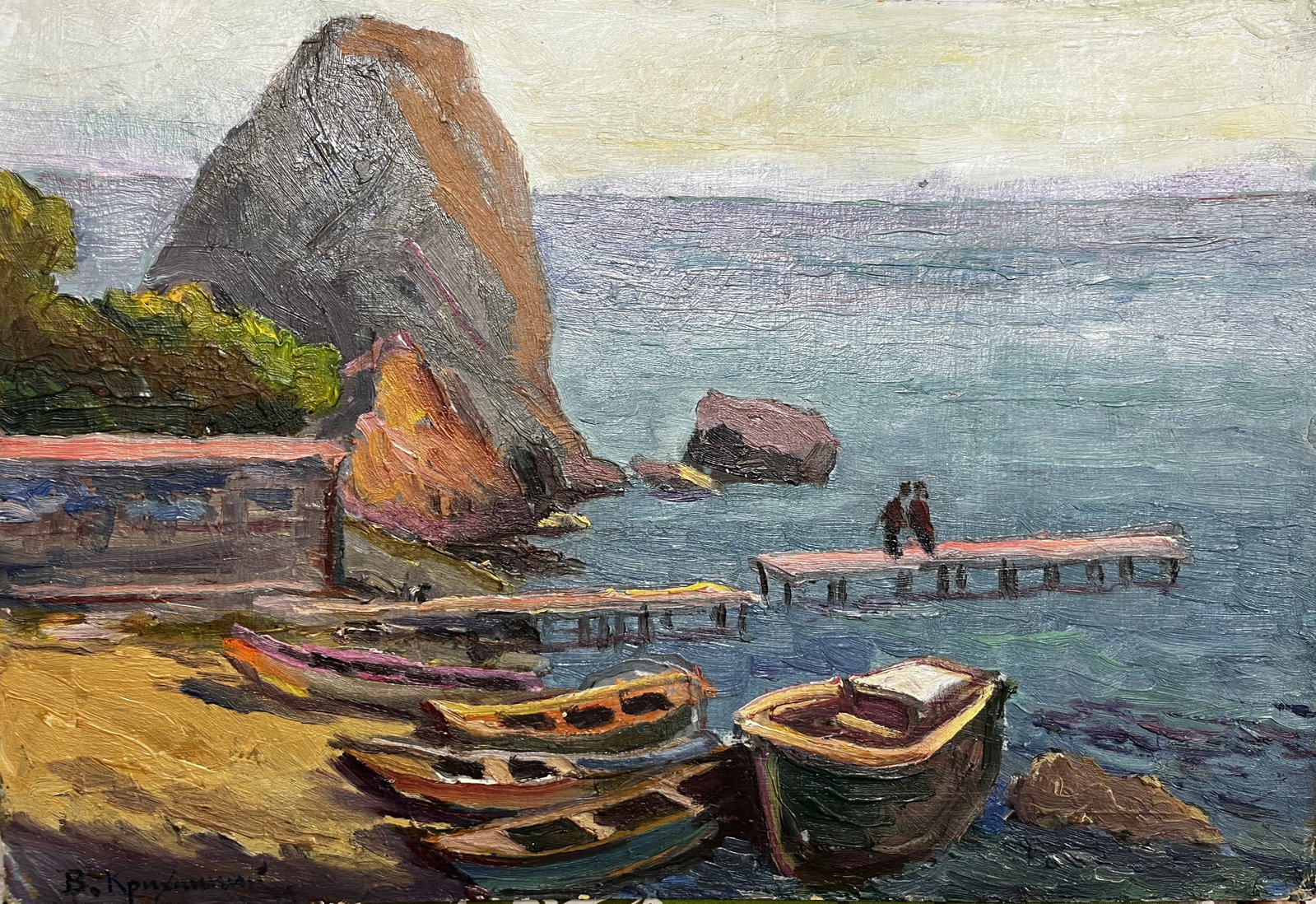 Oil painting On the seashore Krikhatsky: Title: Oil painting On the seashore Krikhatsky Description: 14Duk Painter: Krikhatsky S?ze: 24,5x34,5 cm/9,64x13,58 inches Components: oil, cardboard Original painting from our collection ERA: Short