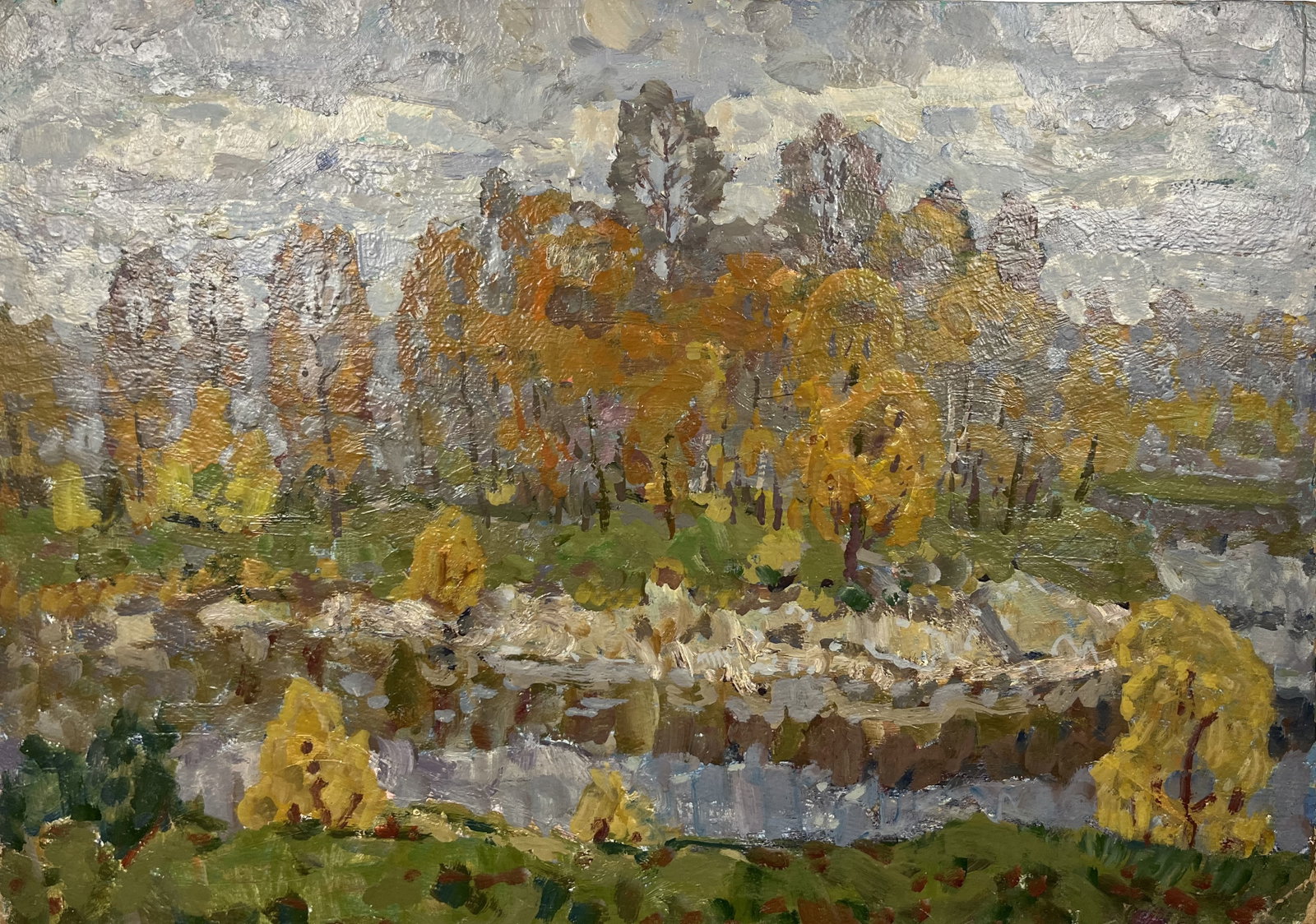 Oil painting Autumn forest Kolosovsky G.: Title: Oil painting Autumn forest Kolosovsky G. Description: 79Duk Painter: Kolosovsky G. S?ze: 47,5x69,5 cm/18,70x27,36 inches Components: Oil, cardboard Original painting from our collection ERA: