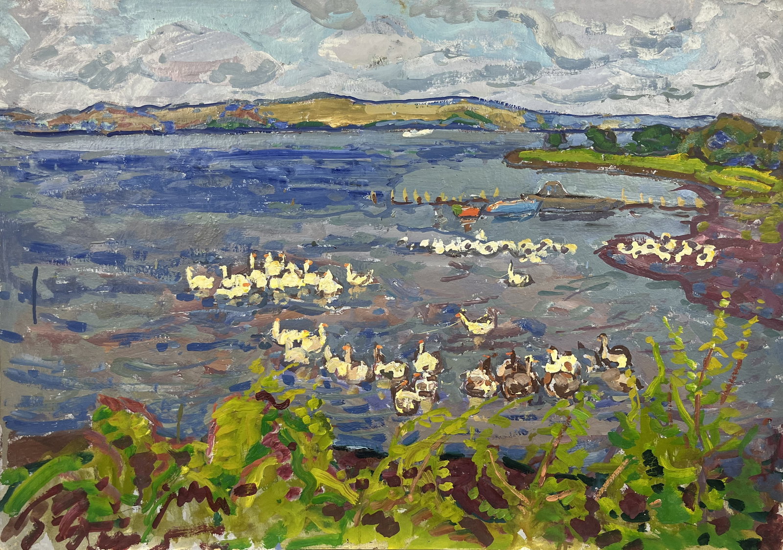 Oil painting Ducks Kolosovsky G.: Title: Oil painting Ducks Kolosovsky G. Description: 88Duk Painter: Kolosovsky G. S?ze: 49,5x70 cm/19,48x27,55 inches Components: Oil, cardboard Original painting from our collection ERA: Short