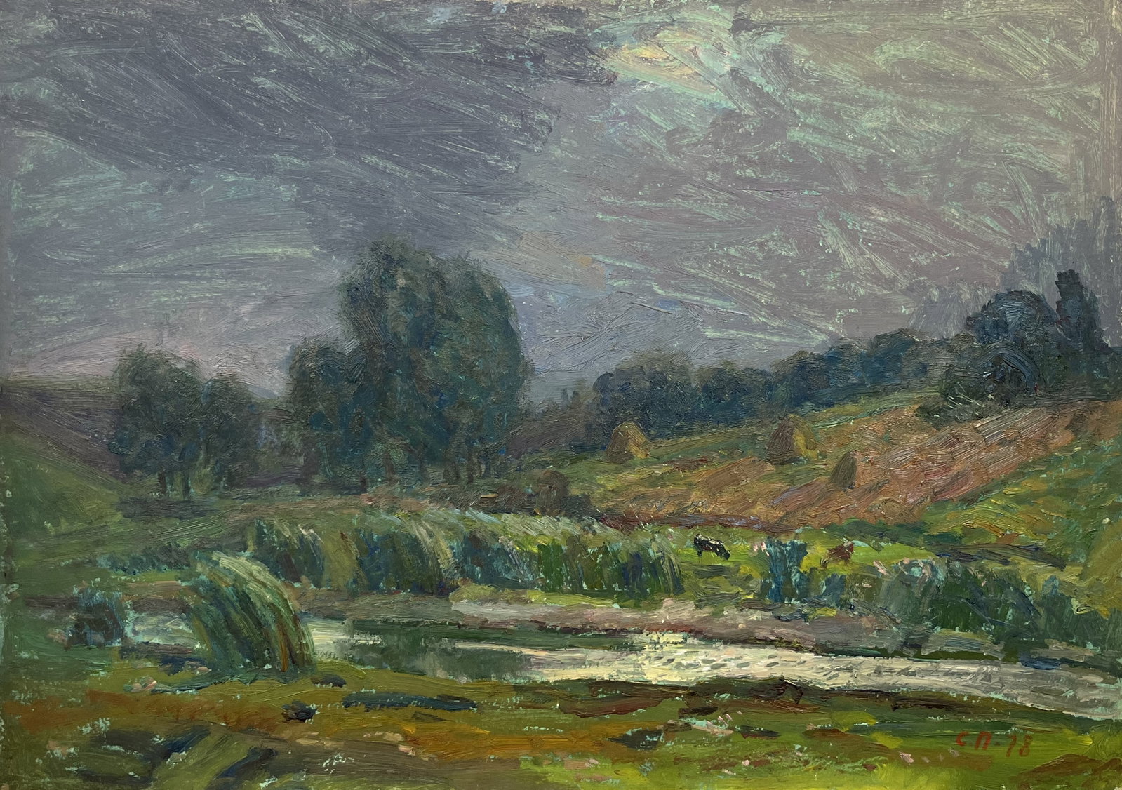 Oil painting Before the rain Petrashevsky S.: Title: Oil painting Before the rain Petrashevsky S. Description: 95Duk Painter: Petrashevsky S. S?ze: 50x70 cm/19,68x27,56 inches Components: oil, cardboard Original painting from our collection ERA: 