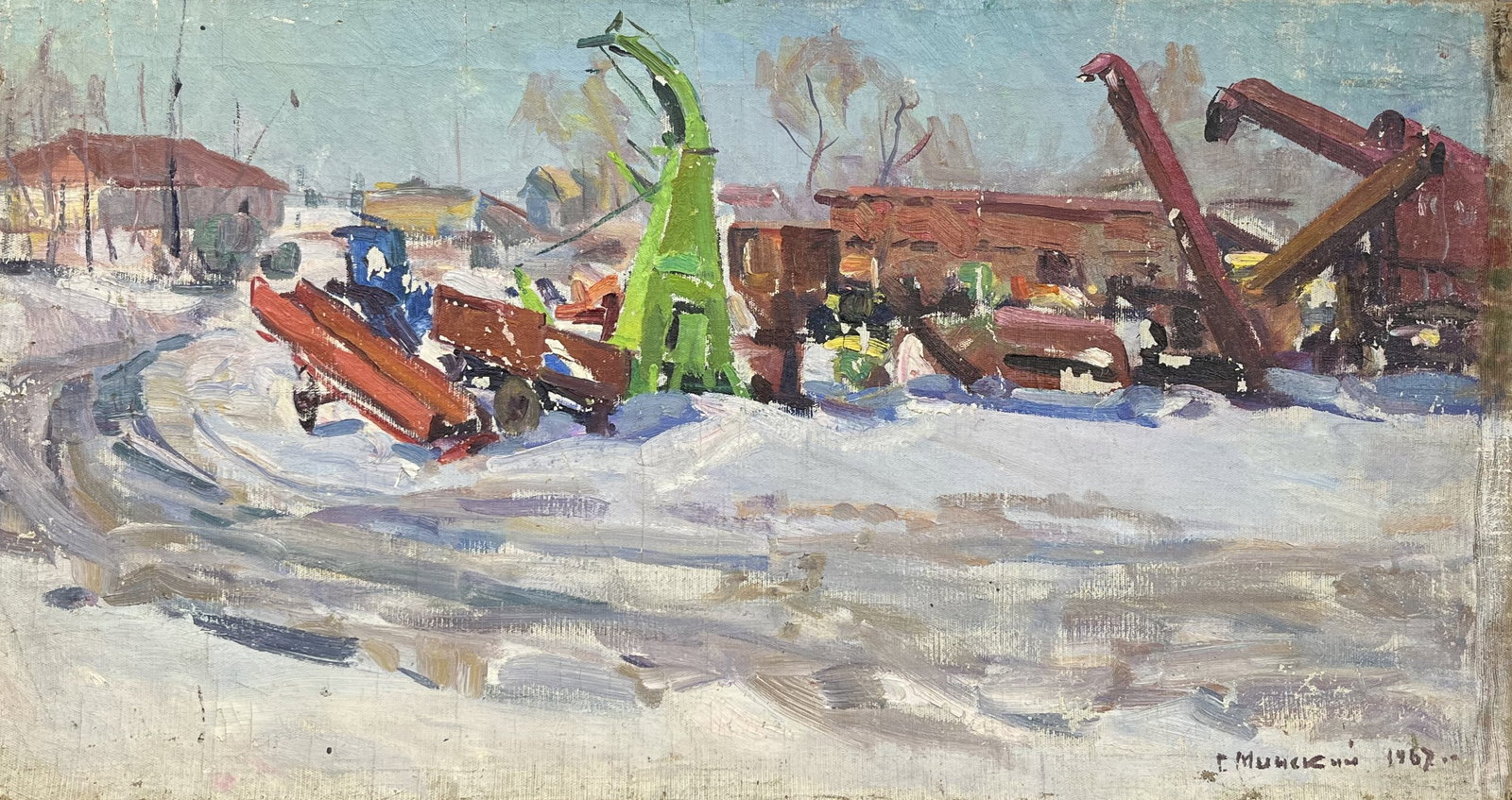 Oil painting Collective farm yard Minsky G.: Title: Oil painting Collective farm yard Minsky G. Description: 117??Duk Painter: Minsky G. S?ze: 45x85 cm/17,71x33,46 inches Components: oil, canvas Original painting from our collection ERA: 1967 Sh