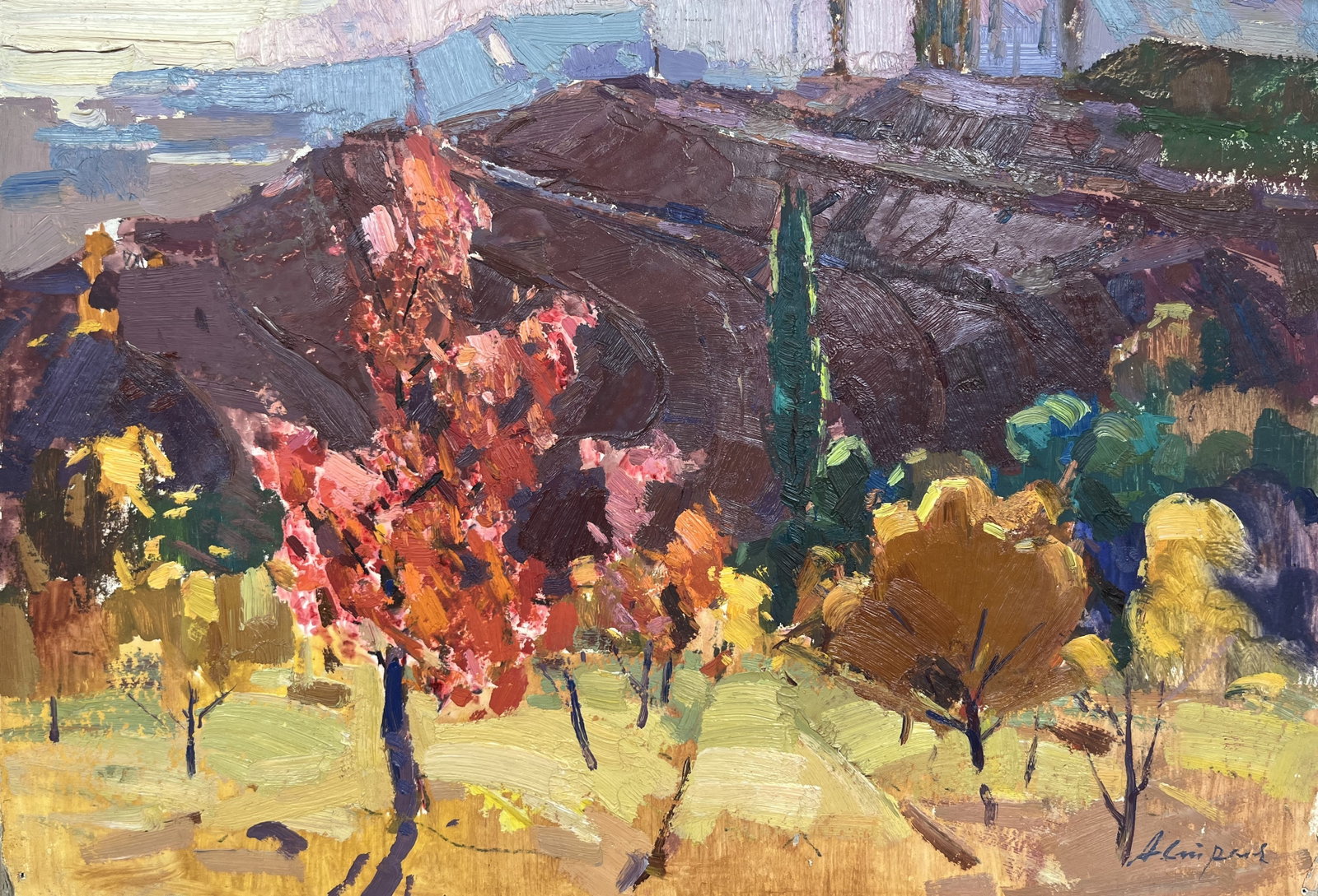 Oil painting Plowed fields Strelov A.: Title: Oil painting Plowed fields Strelov A. Description: 11??Duk Painter: Strelov A. S?ze: 35x50 cm/13,78x19,68 inches Components: oil, cardboard Original painting from our collection ERA: 1968 Short