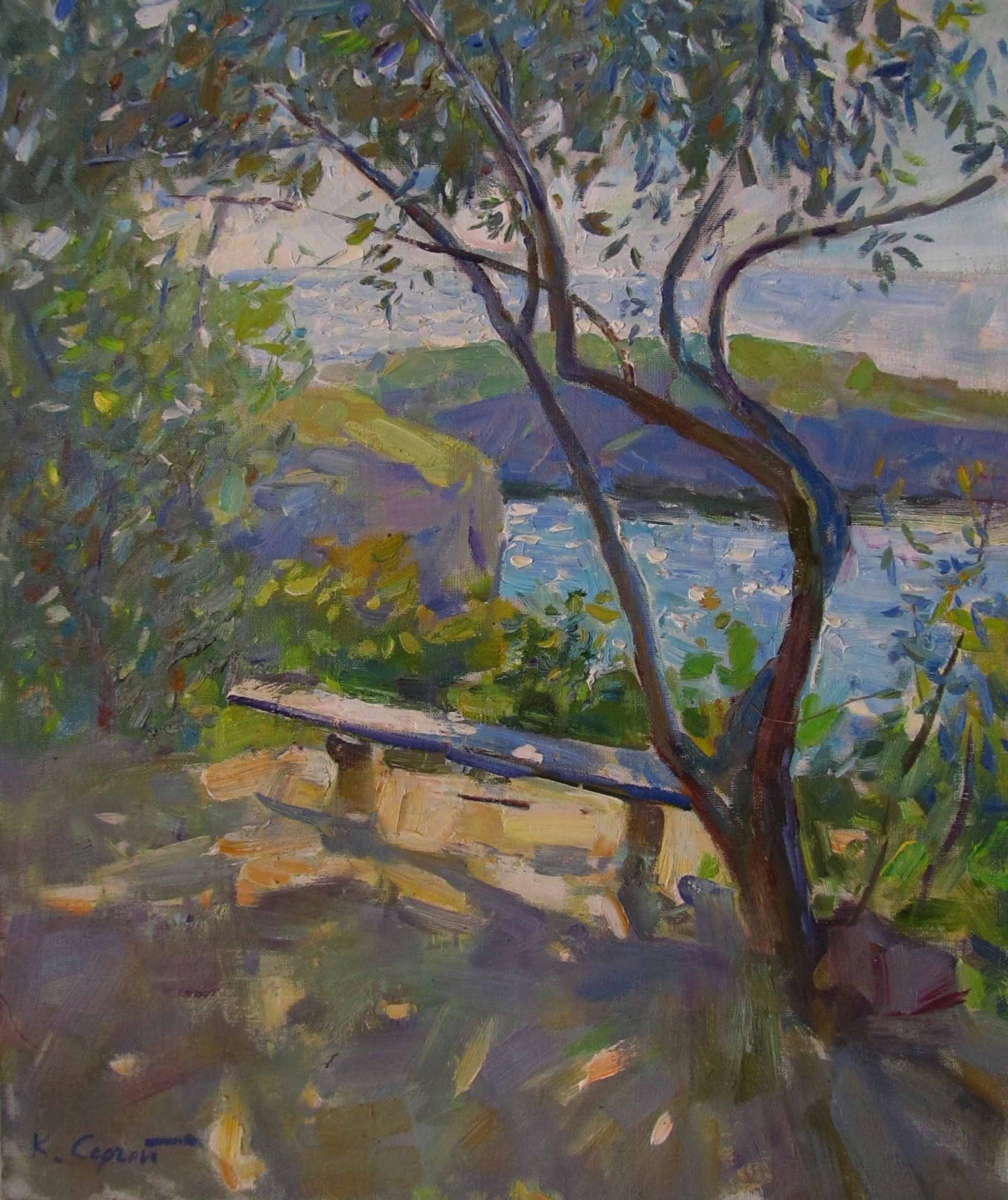 Oil painting bench Serg Kovalenko: Title: Oil painting bench Serg Kovalenko Description: 108SK Painter: Serg Kovalenko S?ze: 50x60 cm/19.7x23.6 inches Components: oil, canvas Original painting CONDITION: exellent ERA: modern Graduated