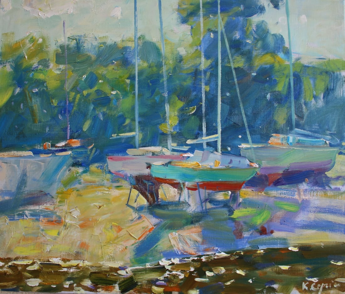Oil painting yacht club Serg Kovalenko: Title: Oil painting yacht club Serg Kovalenko Description: 112SK Painter: Serg Kovalenko S?ze: 50x60 cm/19.7x23.6 inches Components: oil, canvas Original painting CONDITION: exellent ERA: modern