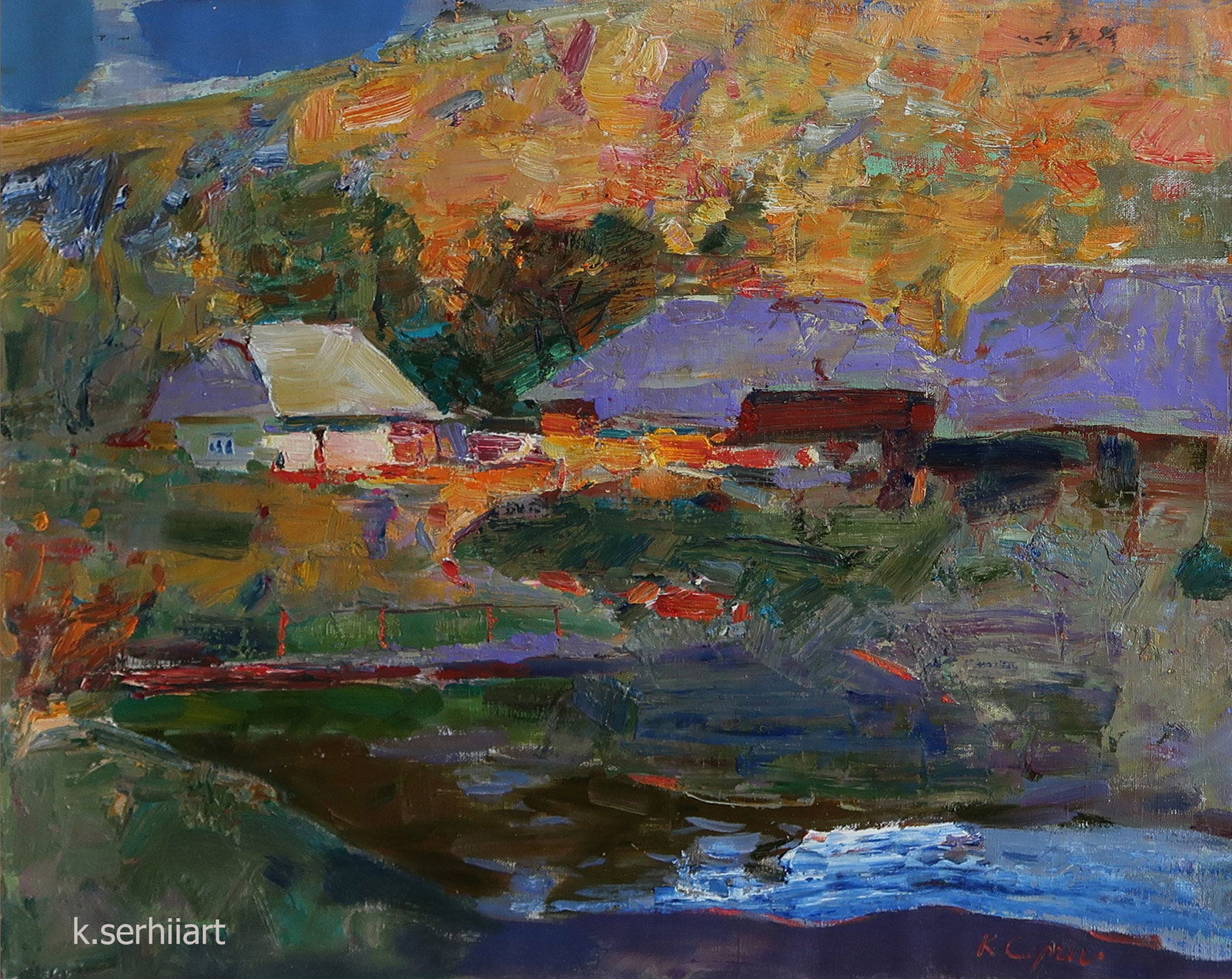Oil painting evening in the mountains Serg Kovalenko: Title: Oil painting evening in the mountains Serg Kovalenko Description: 114SK Painter: Serg Kovalenko S?ze: 50x64 cm/19.7x25.2 inches Components: oil, canvas Original painting CONDITION: exellent ERA