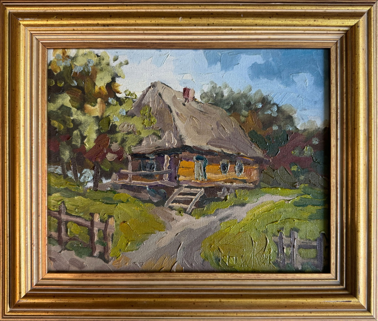 Oil painting with farme old hut K. Leonid: Title: Oil painting with farme old hut K. Leonid Description: 02KK Painter: K. Leonid S?ze: 24x30 cm/ 9.44x11.81 inches Components: oil, canvas Original painting CONDITION: exellent ERA:2018 ARTIST: B