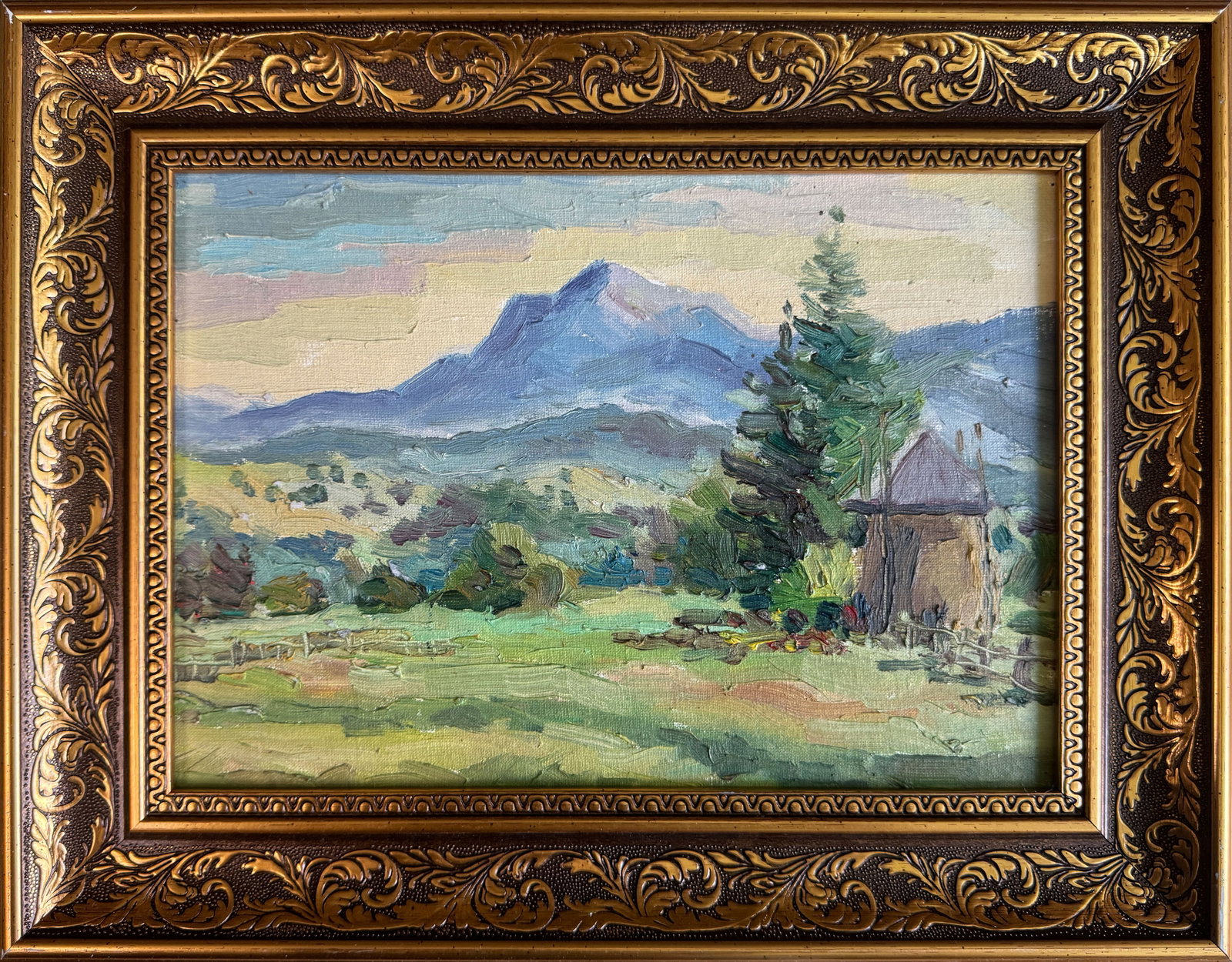 Oil painting with farme Carpathians. Chorna Tysa K. Leonid: Title: Oil painting with farme Carpathians. Chorna Tysa K. Leonid Description: 03KK Painter: K. Leonid S?ze: 21.5x30.5 cm/ 8.46x12 inches Components: oil, canvas, cardboard Original painting