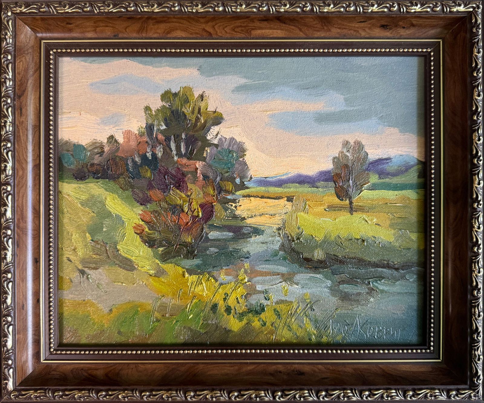Oil painting with farme The Vilia River near Ostroh K. Leonid: Title: Oil painting with farme The Vilia River near Ostroh K. Leonid Description: 06KK Painter: K. Leonid S?ze: 24x30 cm/ 9.44x11.81 inches Components: oil, canvas Original painting CONDITION: