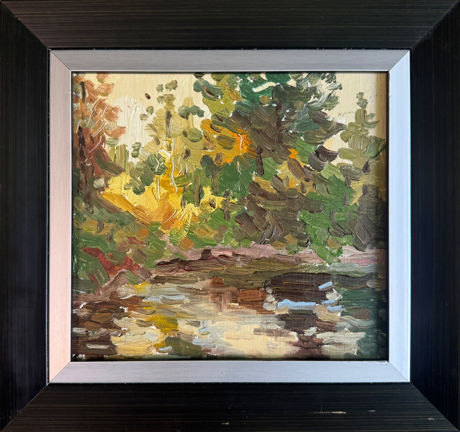 Oil painting with frame Autumn K. Leonid: Title: Oil painting with frame Autumn K. Leonid Description: 08KK Painter: K. Leonid S?ze: 23x25 cm/ 9.05x9.84 inches Components: oil, cardboard Original painting CONDITION: exellent ERA:2014 ARTIST: