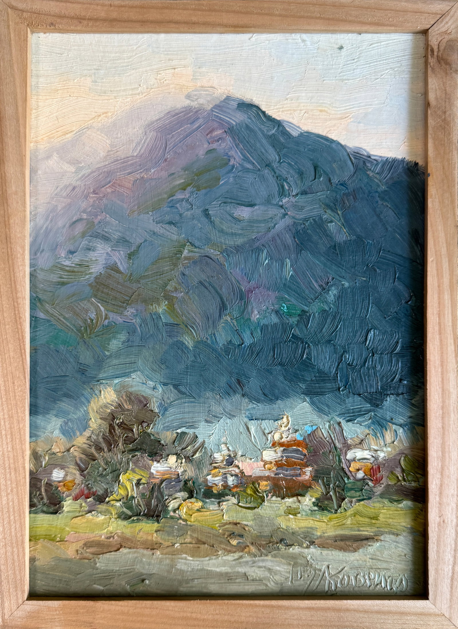 Oil painting with frame Carpathians. village Hrebeniv K. Leonid: Title: Oil painting with frame Carpathians. village Hrebeniv K. Leonid Description: 35KK Painter: K. Leonid S?ze: 30x21 cm/ 11.81x8.26 inches Components: oil, canvas, cardboard Original painting