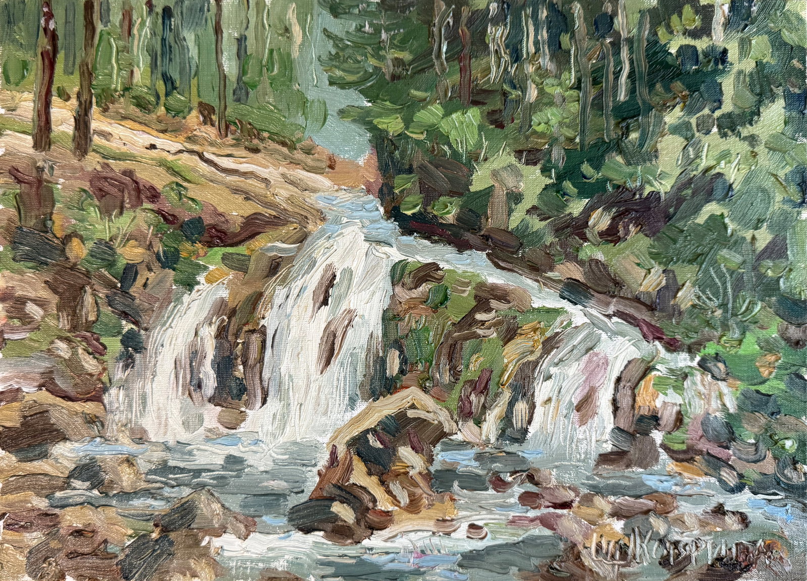 Oil painting Carpathians Kamyanka river K. Leonid: Title: Oil painting Carpathians Kamyanka river K. Leonid Description: 41KK Painter: K. Leonid S?ze: 25x35 cm/ 9.84x13.77 inches Components: oil, canvas, cardboard Original painting CONDITION: