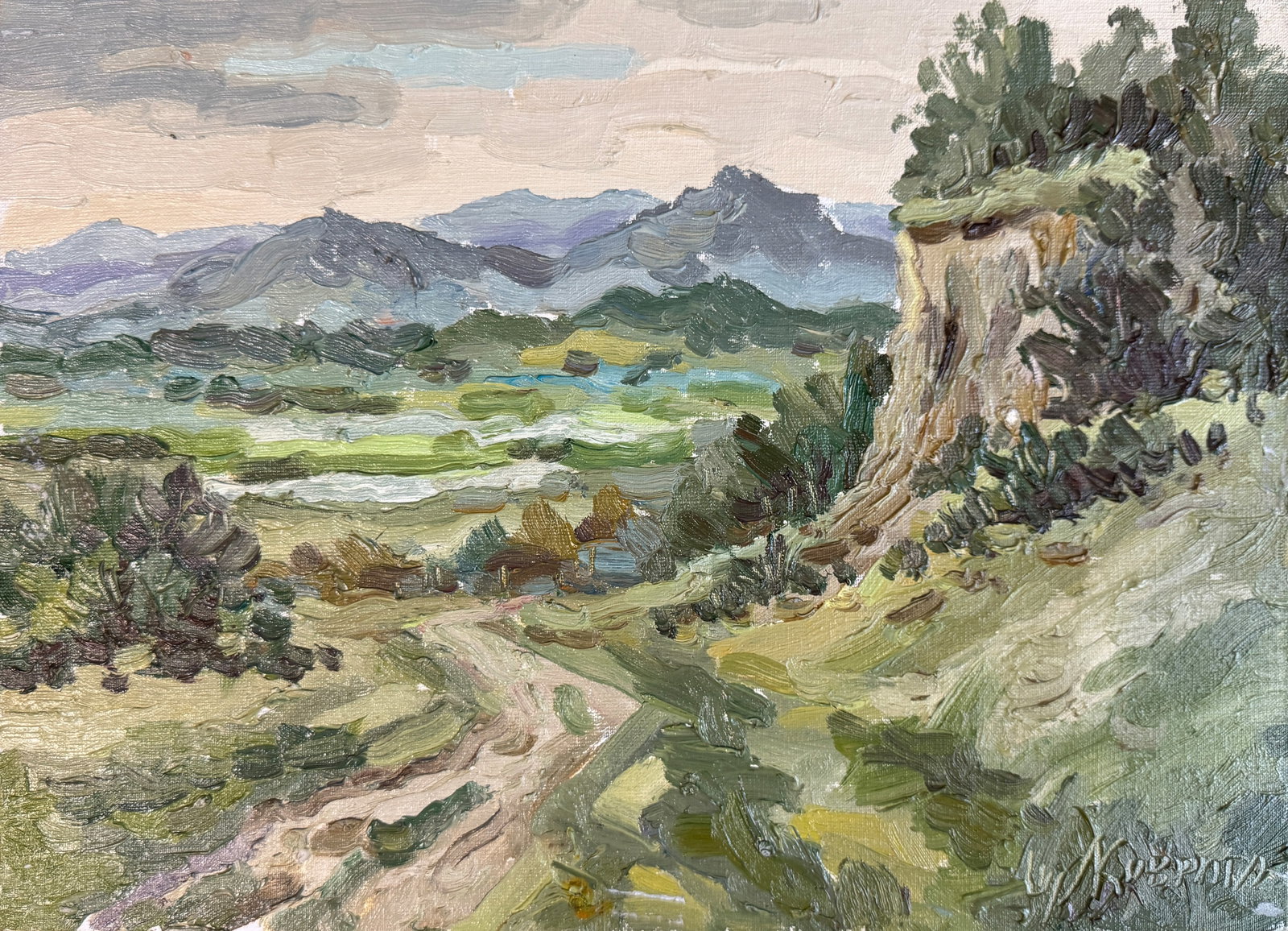 Oil painting Carpathians Verkhnye Synevydne K. Leonid: Title: Oil painting Carpathians Verkhnye Synevydne K. Leonid Description: 42KK Painter: K. Leonid S?ze: 25x35 cm/ 9.84x13.77 inches Components: oil, canvas, cardboard Original painting CONDITION: