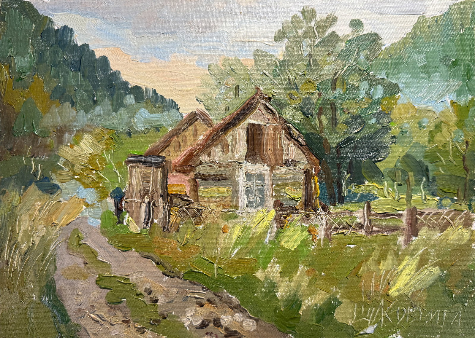 Oil painting Old house K. Leonid: Title: Oil painting Old house K. Leonid Description: 46KK Painter: K. Leonid S?ze: 25x35 cm/ 9.84x13.77 inches Components: oil, canvas, cardboard Original painting CONDITION: exellent ERA:2014 ARTIST: