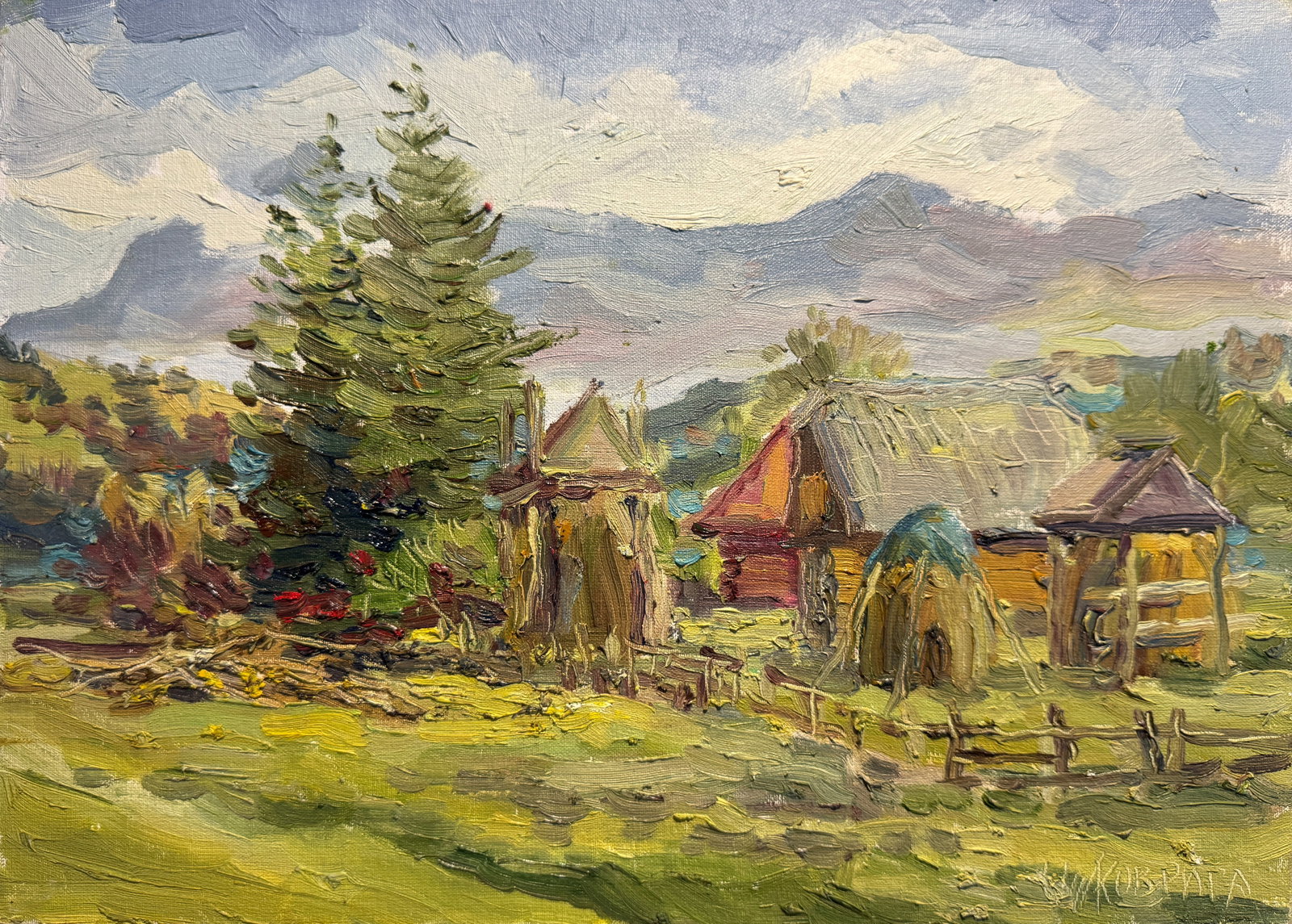 Oil painting Carpathian village Chorna Tysa K. Leonid: Title: Oil painting Carpathian village Chorna Tysa K. Leonid Description: 47KK Painter: K. Leonid S?ze: 25x35 cm/ 9.84x13.77 inches Components: oil, canvas, cardboard Original painting CONDITION: