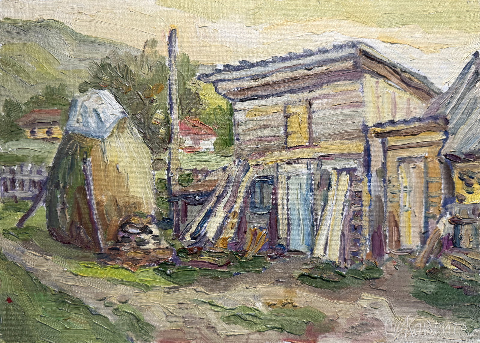 Oil painting Carpathian village Chorna Tysa K. Leonid: Title: Oil painting Carpathian village Chorna Tysa K. Leonid Description: 51KK Painter: K. Leonid S?ze: 25x35 cm/ 9.84x13.77 inches Components: oil, canvas, cardboard Original painting CONDITION: