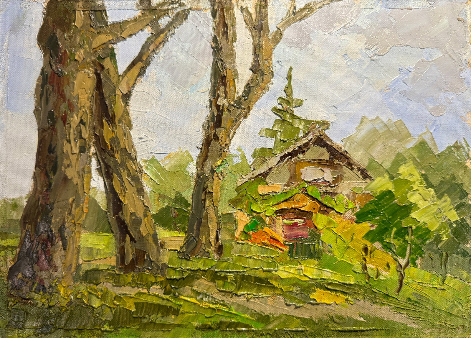 Oil painting suburban house K. Leonid: Title: Oil painting suburban house K. Leonid Description: 58KK Painter: K. Leonid S?ze: 25x35 cm/ 9.84x13.77 inches Components: oil, canvas, fiberboard Original painting CONDITION: exellent ERA:2014 A