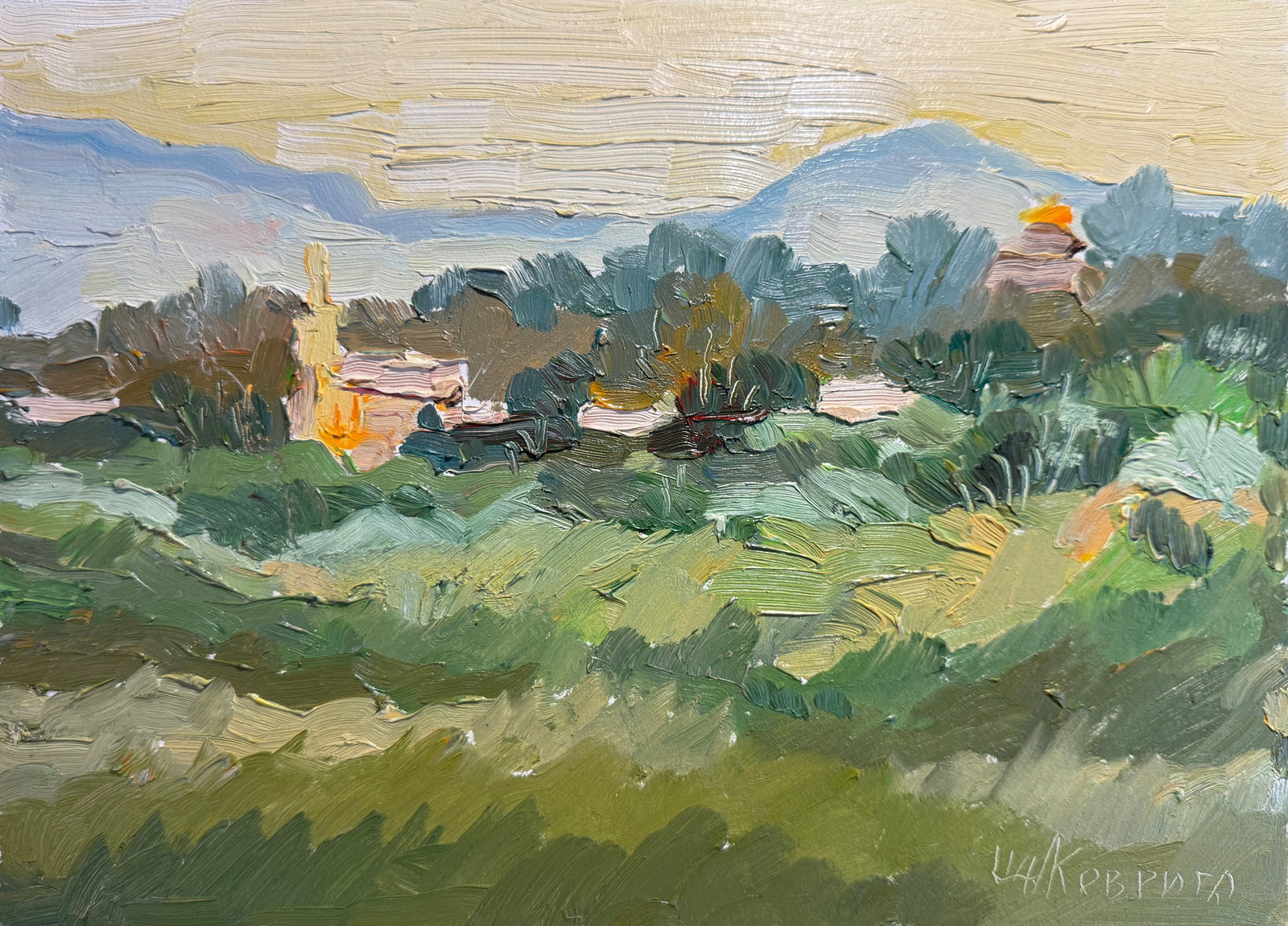 Oil painting in the countryside K. Leonid: Title: Oil painting in the countryside K. Leonid Description: 60KK Painter: K. Leonid S?ze: 25x35 cm/ 9.84x13.77 inches Components: oil, cardboard Original painting CONDITION: exellent ERA:2014