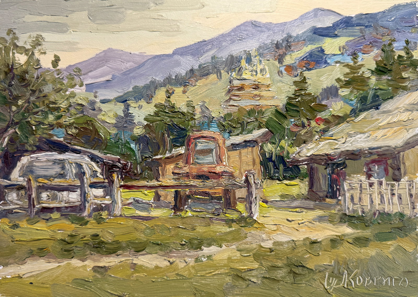 Oil painting village in the Carpathians K. Leonid: Title: Oil painting village in the Carpathians K. Leonid Description: 65KK Painter: K. Leonid S?ze: 25x35 cm/ 9.84x13.77 inches Components: oil, cardboard Original painting CONDITION: exellent