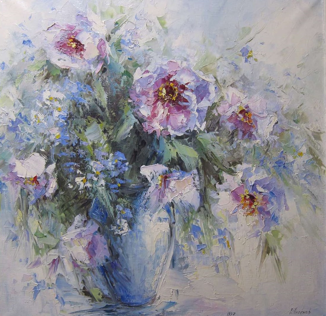 Oil painting Peonies Vadim Os'onov: Title: Oil painting Peonies Vadim Os'onov Description: 09AXE Painter: Os'onov Vadim S?ze: 65x65 cm/25,5x25,5 inch Components: oil, canvas Original painting CONDITION: exellent ERA: 1999 Vadim Os'