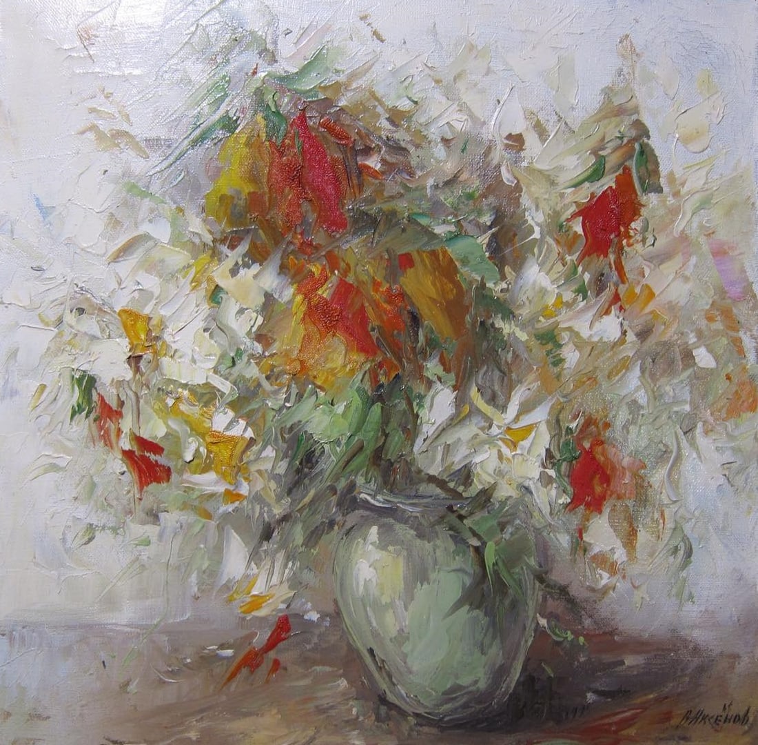 Oil painting Bouquet Vadim Os'onov: Title: Oil painting Bouquet Vadim Os'onov Description: 23AXE Painter: Os'onov Vadim S?ze: 50x50 cm/19,6x19,6 inch Components: oil, canvas Original painting CONDITION: exellent ERA: 1994 Vadim Os'