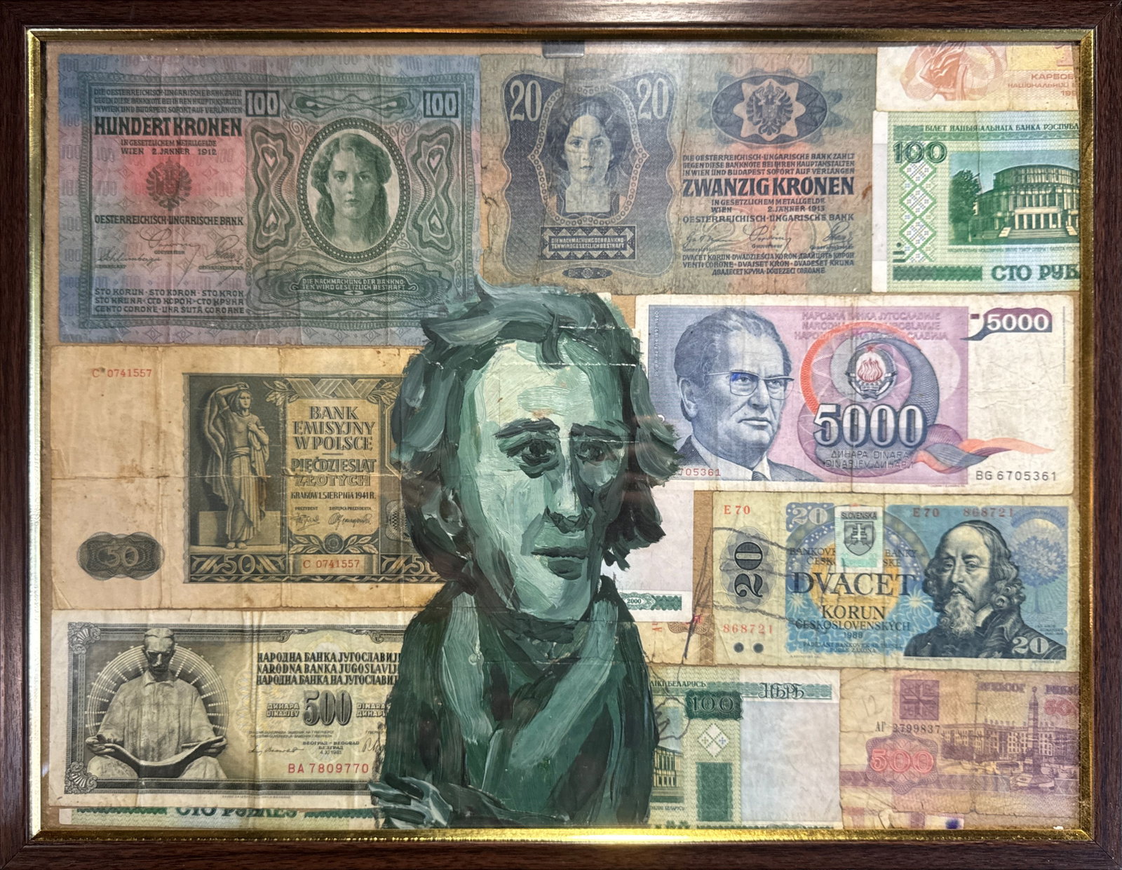 Oil painting with frame monetary collage K. Leonid: Title: Oil painting with frame monetary collage K. Leonid Description: 102KK Painter: K. Leonid S?ze: 30x40 cm/ 11.81x15.74 inches Components: oil, collage Original painting CONDITION: exellent ERA: