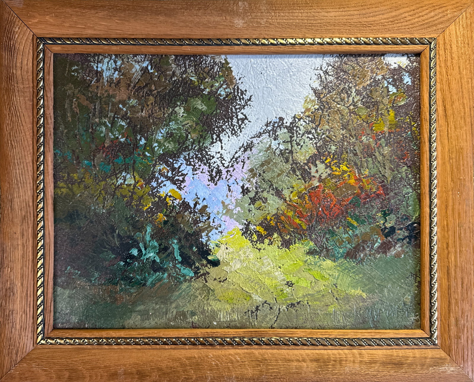 Oil painting with frame Summer K. Leonid: Title: Oil painting with frame Summer K. Leonid Description: 160KK Painter: K. Leonid S?ze: 30x40 cm/ 11.81x15.74 inches Components: oil, vinyl, fiberboard Original painting CONDITION: exellent ERA:20
