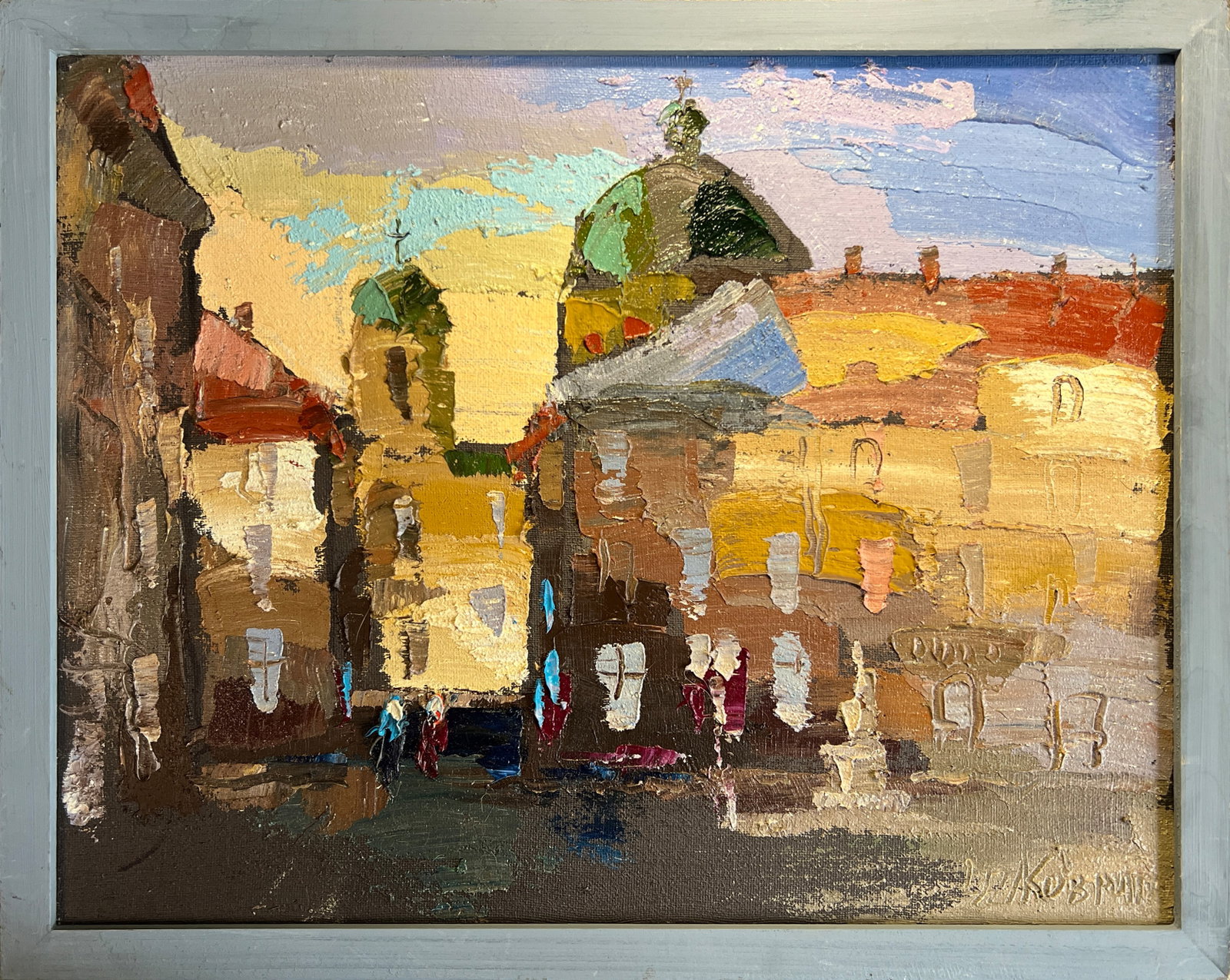 Oil painting with frame Lviv market square K. Leonid: Title: Oil painting with frame Lviv market square K. Leonid Description: 207KK Painter: K. Leonid S?ze: 35x45 cm/ 13.77x17.71 inches Components: oil, canvas Original painting CONDITION: exellent ERA:2