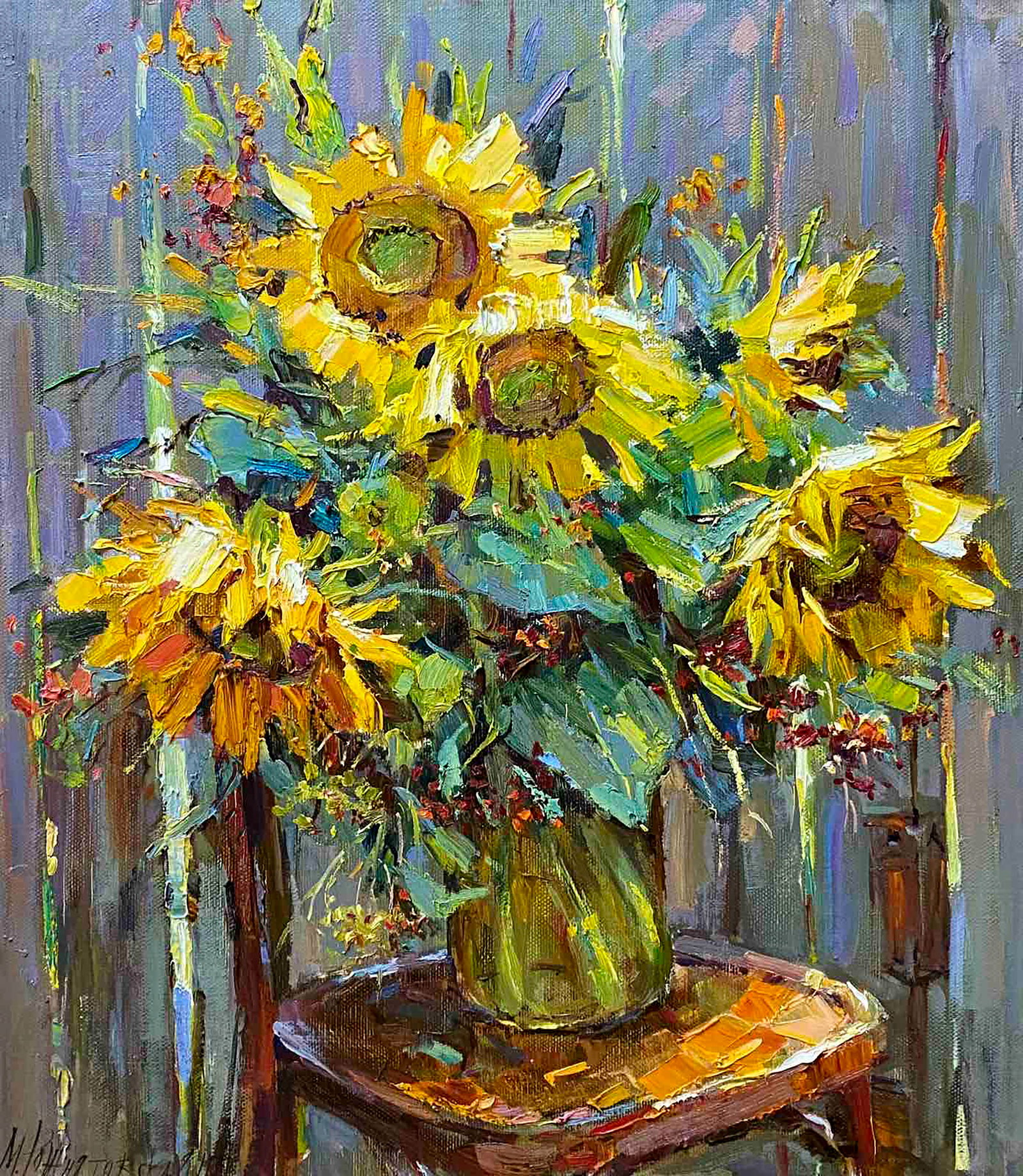 Oil painting Sunflowers Marina Rozhnyatovskaya: Title: Oil painting Sunflowers Marina Rozhnyatovskaya Description: 50POLT Painter: Marina Rozhnyatovskaya Size: 80x70 cm/31.49x27.55 inches Components: oil, canvas Original painting CONDITION: