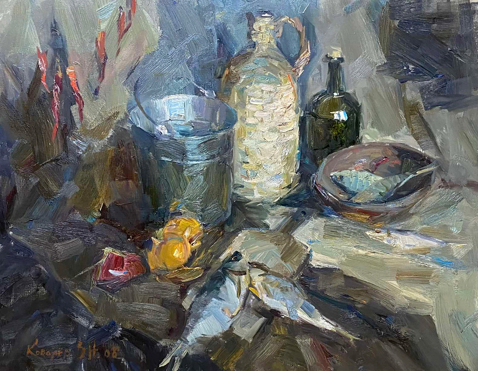 Oil painting Still life with fish Vladimir Kovalev: Title: Oil painting Still life with fish Vladimir Kovalev Description: 51POLT Painter: Vladimir Kovalev Size: 75x95 cm/29.52x37.40 inches Components: oil, canvas Original painting CONDITION: