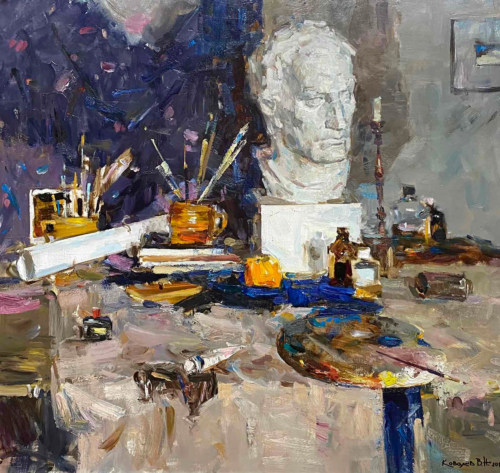 Oil painting In a workshop Vladimir Kovalev: Title: Oil painting In a workshop Vladimir Kovalev Description: 56POLT Painter: Vladimir Kovalev Size: 80x85 cm/31.49x33.46 inches Components: oil, canvas Original painting CONDITION: excellent