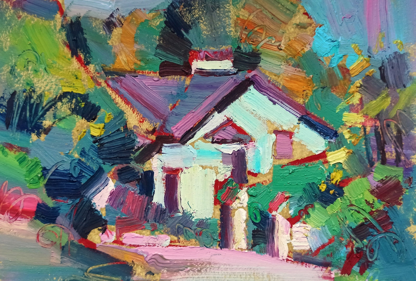 Oil painting House with garden Viktor Khadzhinov: Title: Oil painting House with garden Viktor Khadzhinov Description: 28KHADZ Painter: Viktor Khadzhinov Size: 16x12 cm/6.29x4.72 inches Components: oil, cardboard Original painting CONDITION: