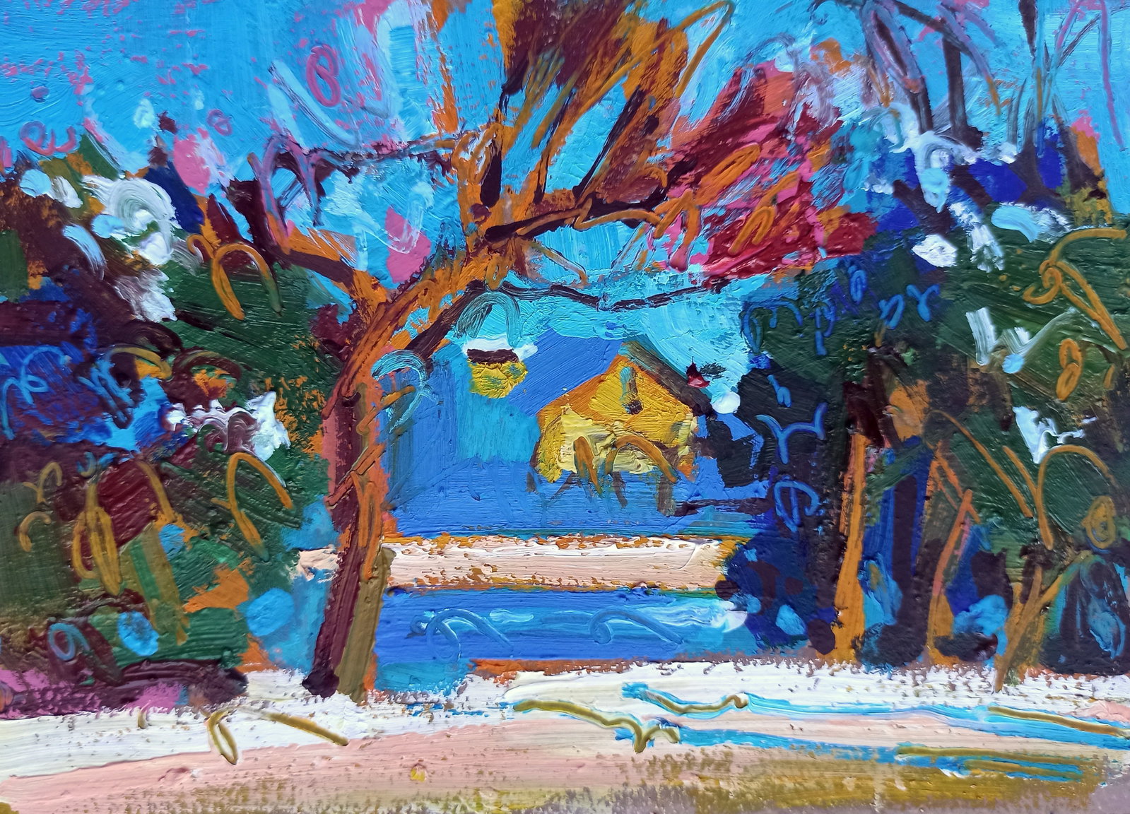 Oil painting The road to home Viktor Khadzhinov: Title: Oil painting The road to home Viktor Khadzhinov Description: 59KHADZ Painter: Viktor Khadzhinov Size: 16x12 cm/6.29x4.72 inches Components: oil, cardboard Original painting CONDITION: excellent